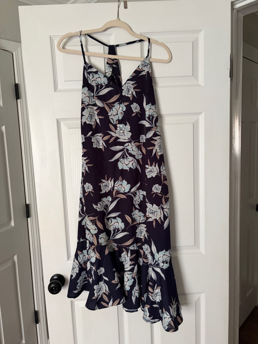 Navy Floral Midi Slip Dress with Ruffle Hem